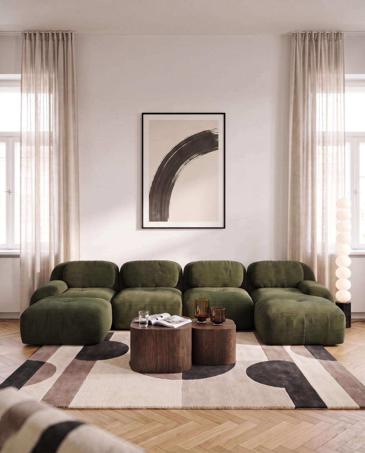 Canapé compressé en U Archipel en velours côtelé vert dans un salon lumineux avec tapis graphique