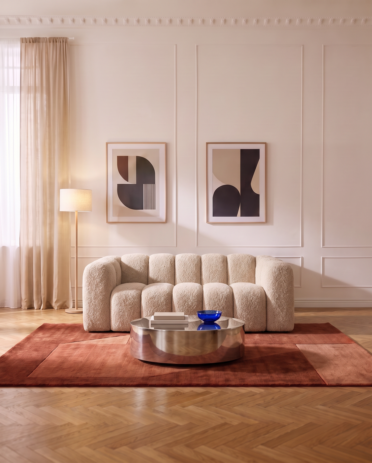 Canapé compressé 3 places Dune en bouclette beige dans un salon lumineux, tapis terracotta et table basse