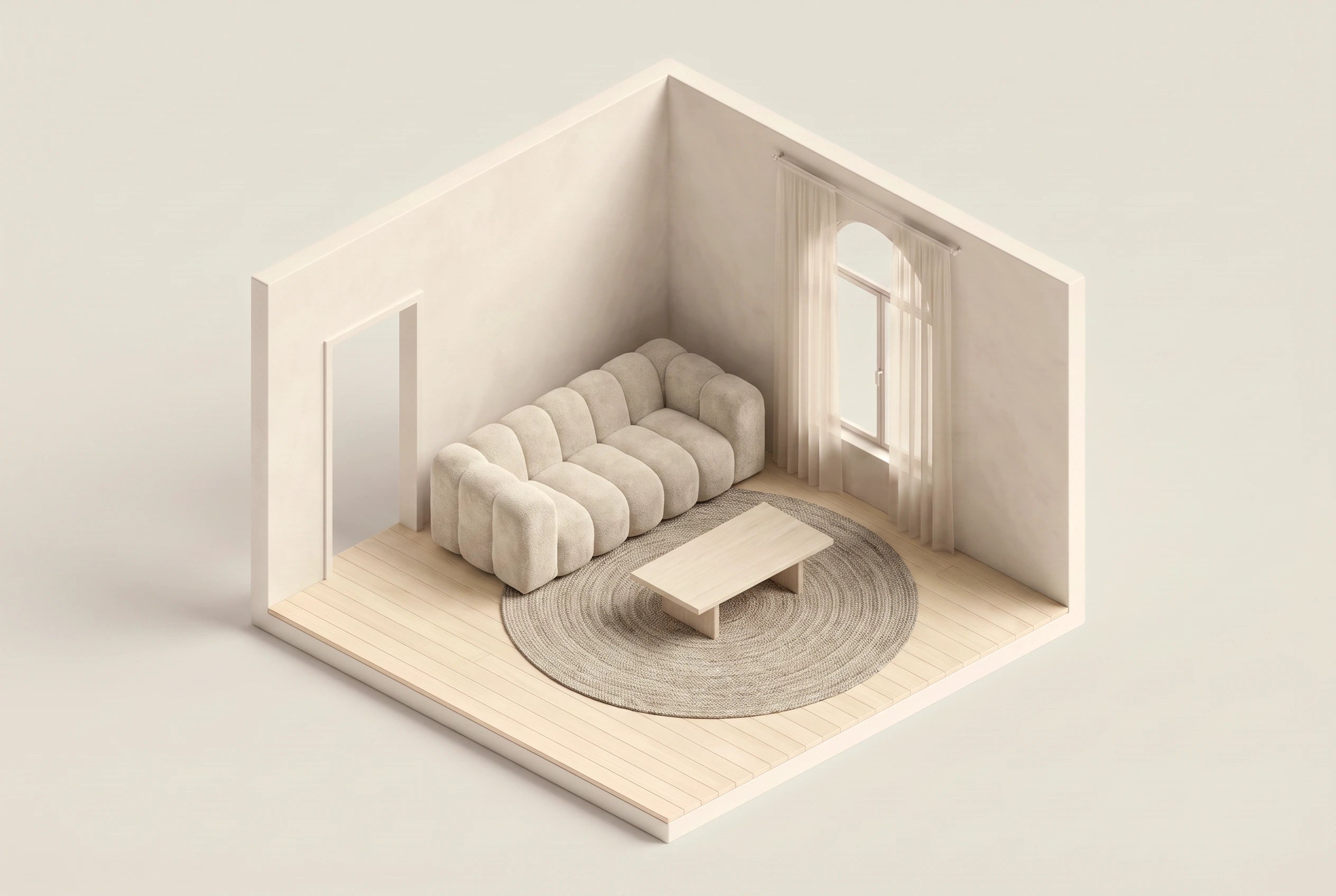 Illustration 3D isométrique d'un salon avec le canapé Dune déplié et sa table basse sur un tapis rond Image
