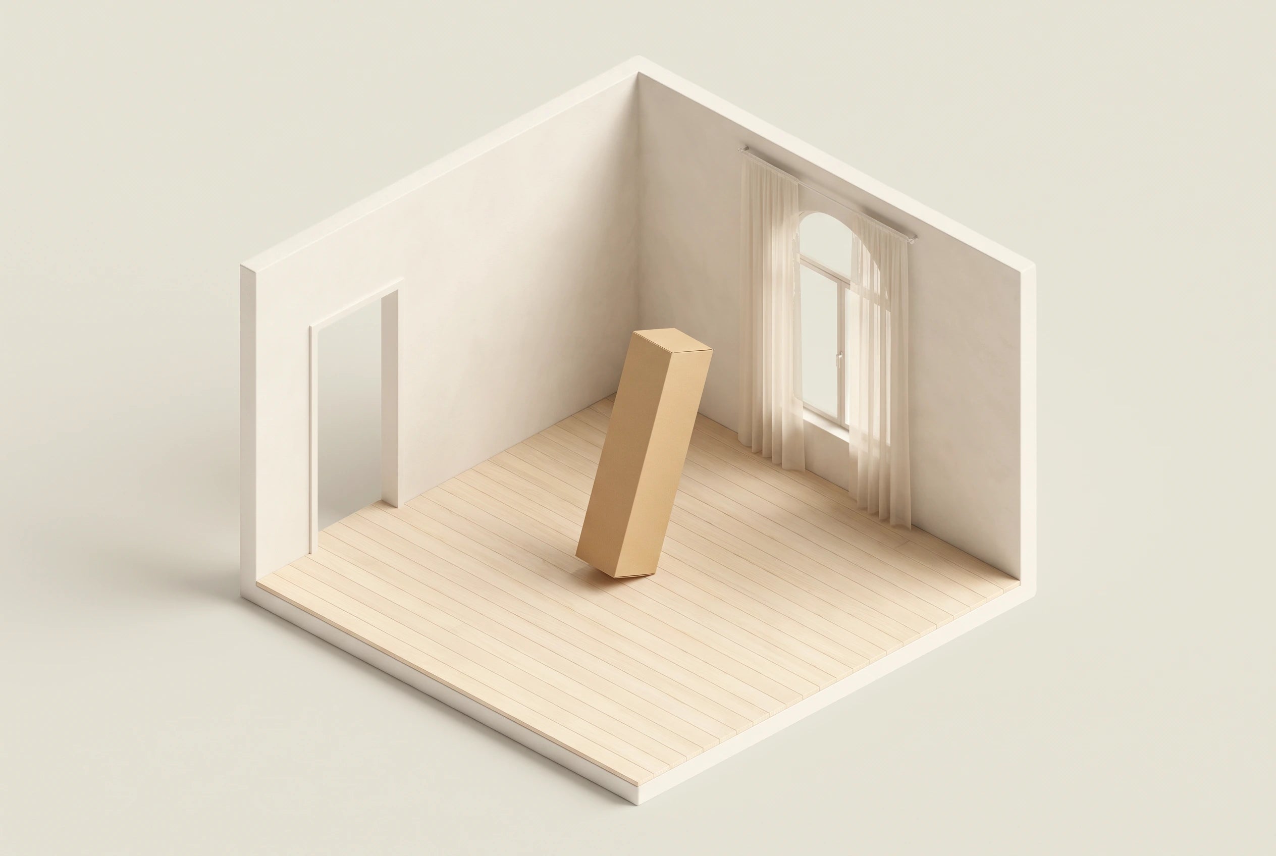 Illustration 3D isométrique d'un salon vide avec le carton compact du canapé Dune posé au sol Image