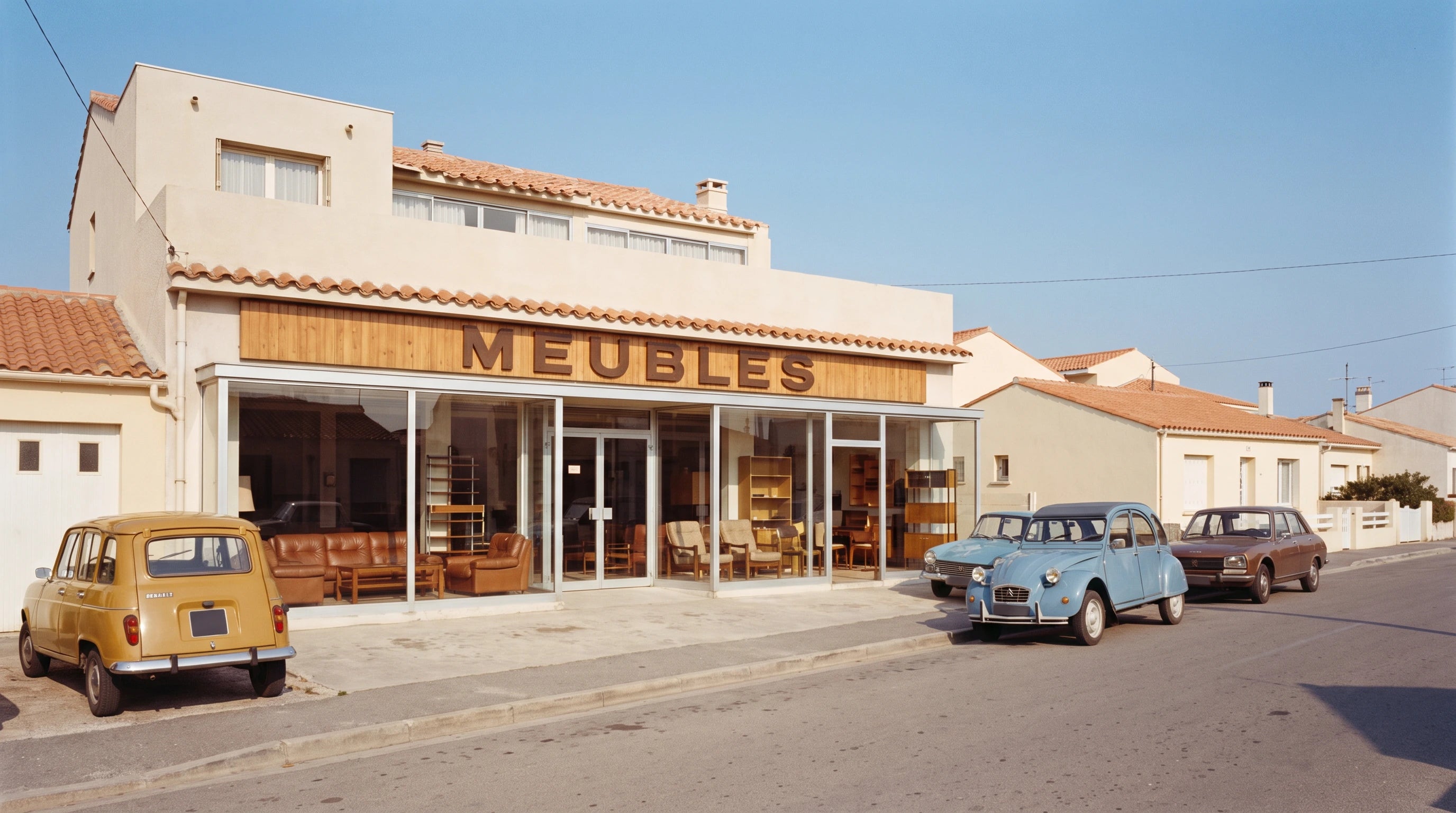 Façade d'un magasin de meubles vintage des années 70 avec des voitures anciennes garées devant Image