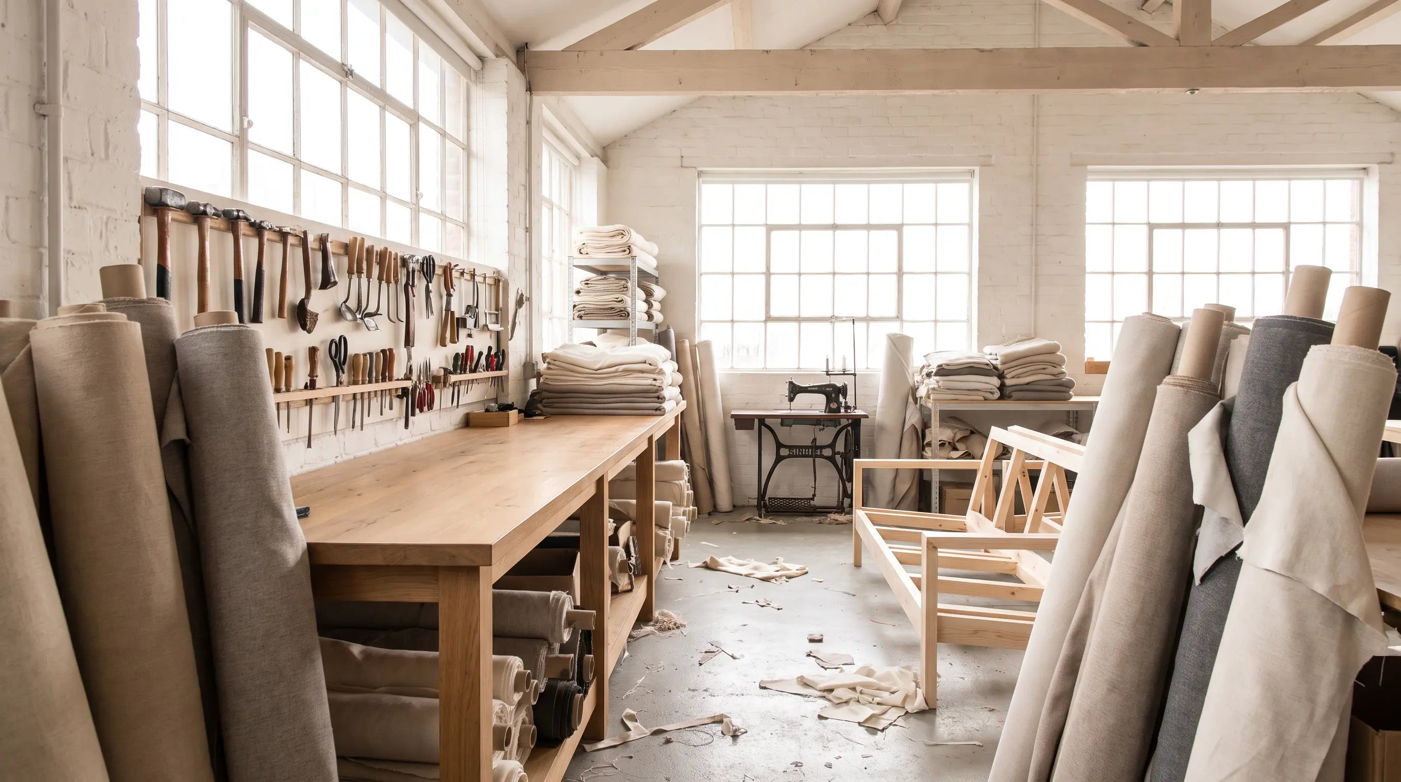 Atelier de tapisserie : rouleaux de tissu, outils au mur et carcasses de canapés en bois