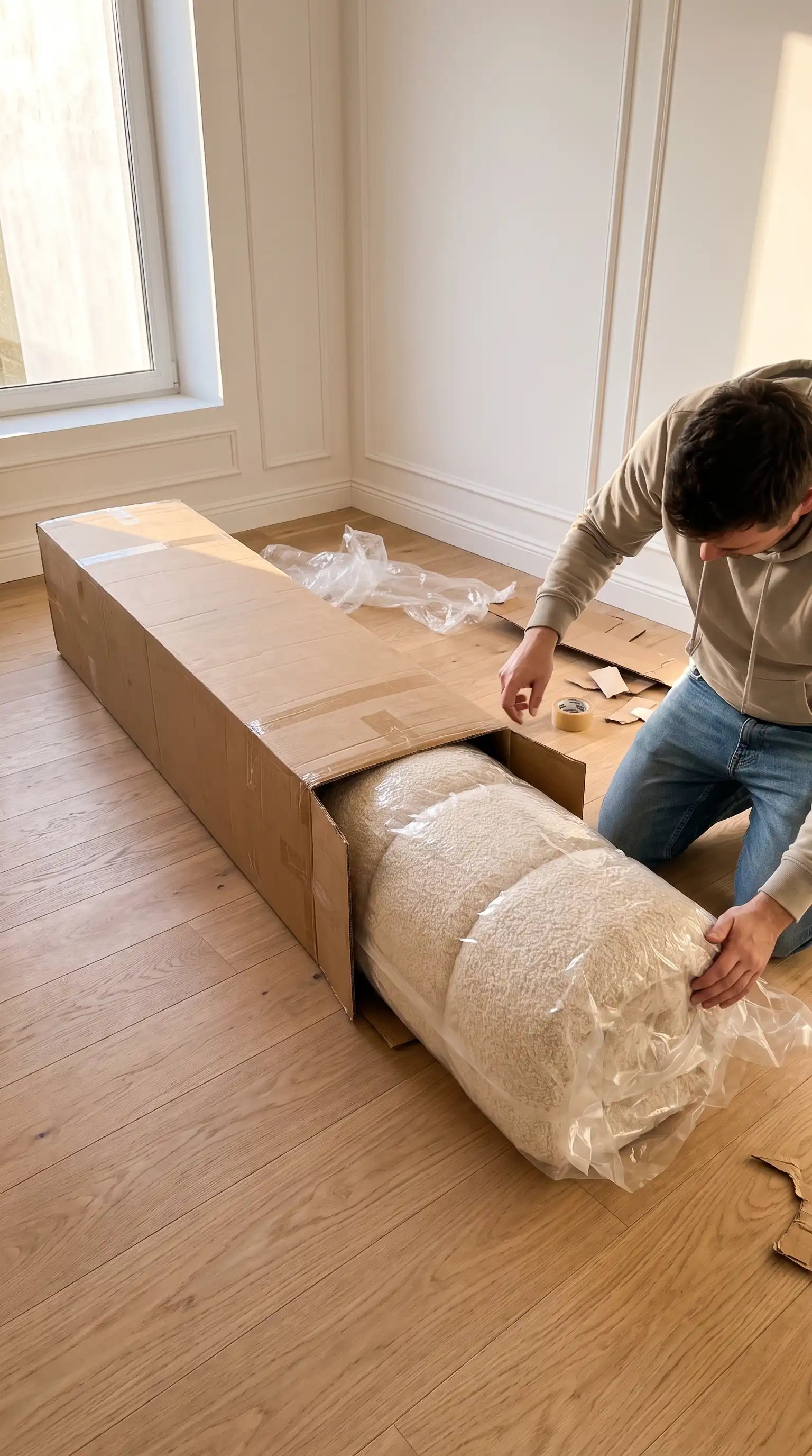 Homme sortant le canapé compressé Dune Sväto roulé de son carton de livraison Image