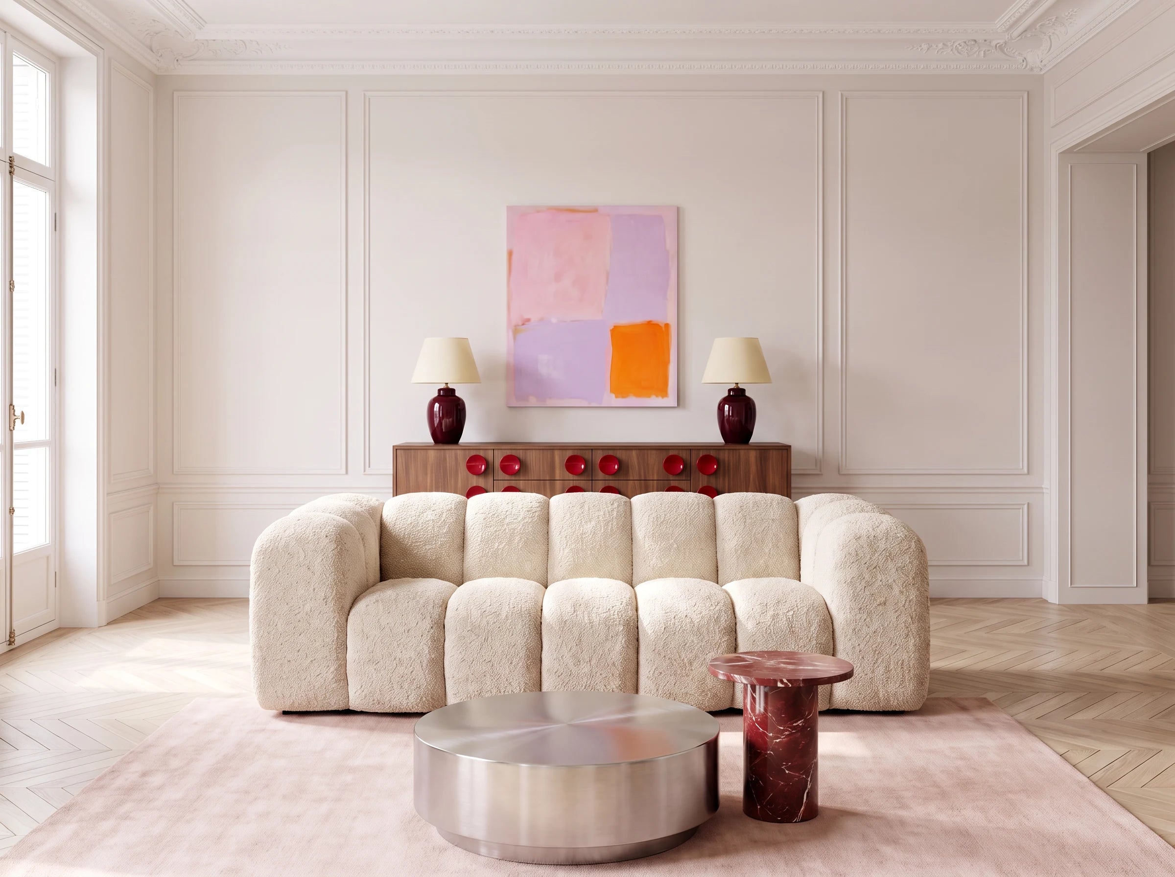 Salon clair meublé du canapé Dune Sväto, tapis rose et table basse ronde en métal