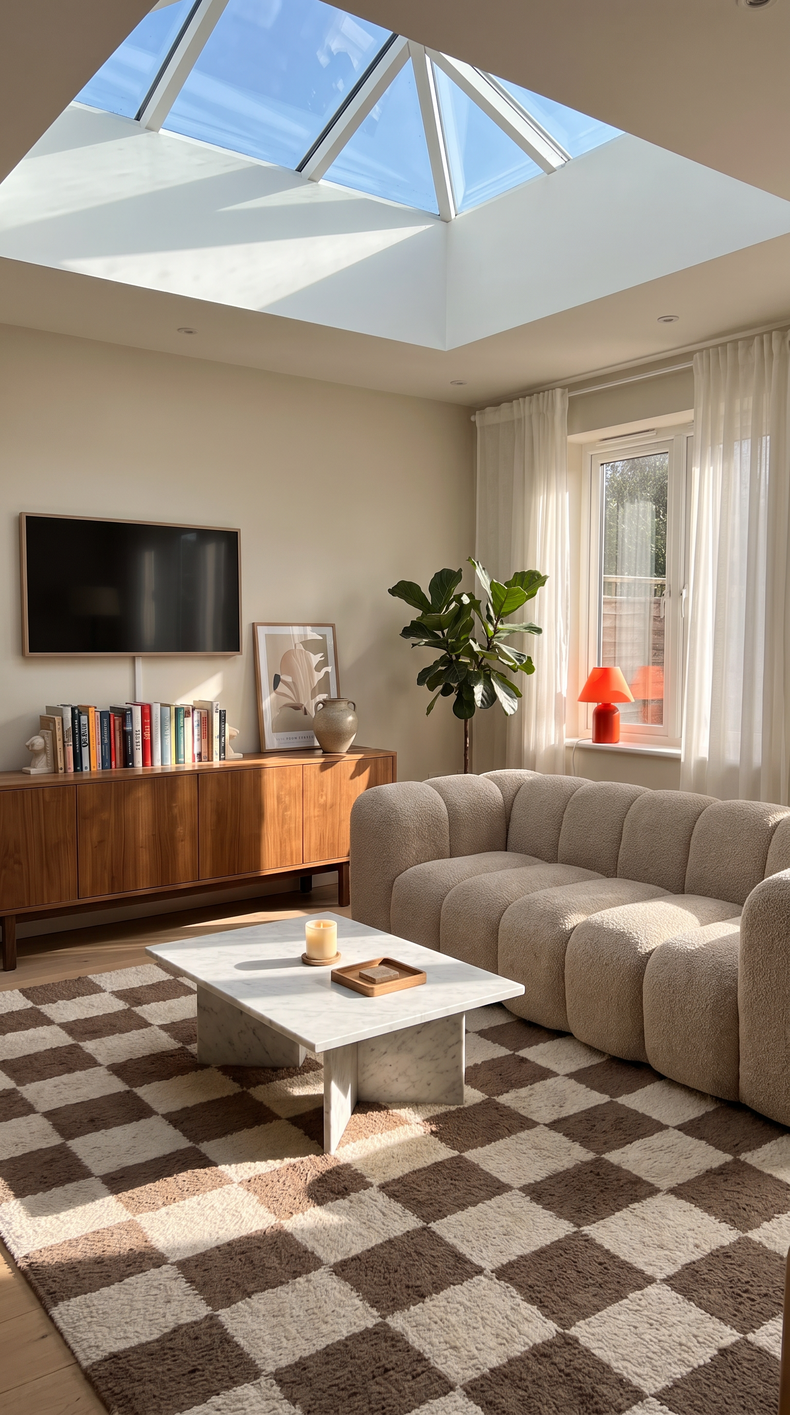 Canapé Dune Sväto dans un salon sous verrière avec tapis damier et meuble TV en bois Image