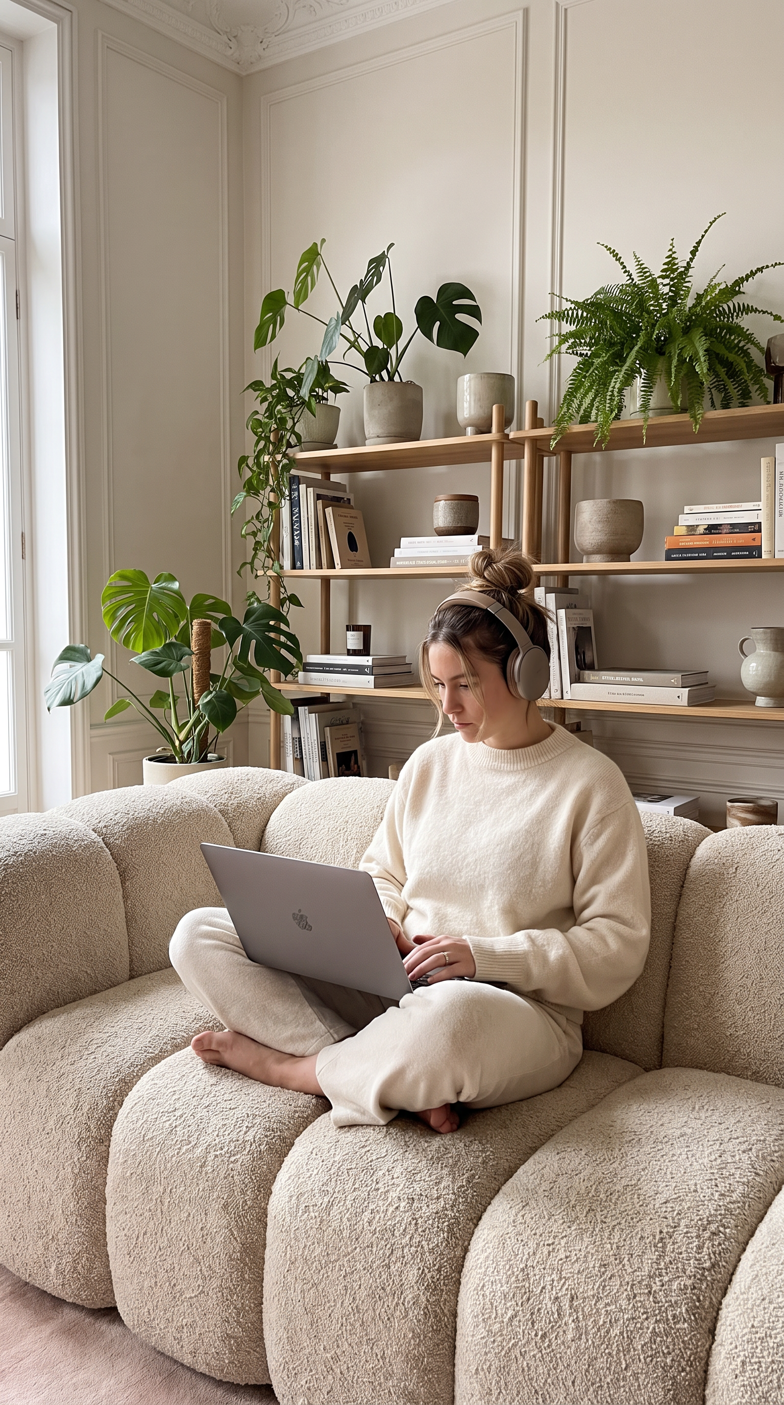 Femme en télétravail avec son ordinateur portable installée sur le canapé Dune Sväto Image